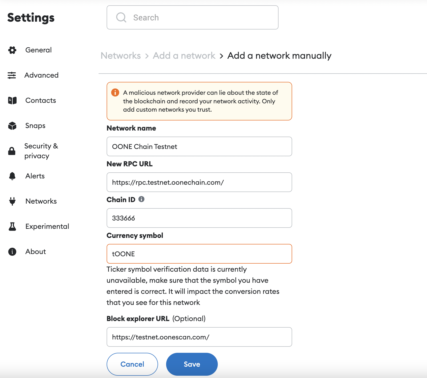 MetaMask OONE Chain